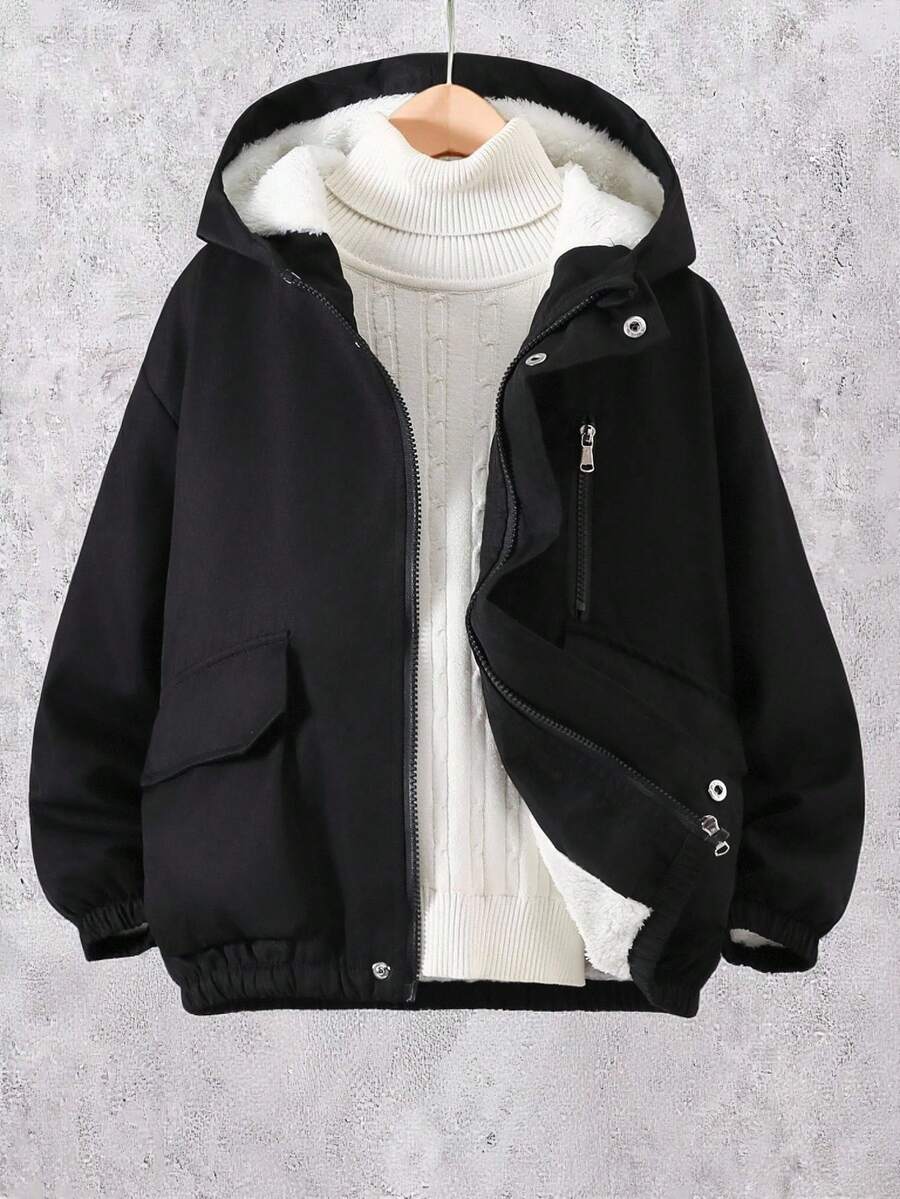 Vacaura 1pc Tween Boy Outdoor Casual Sports Multi-Pocket Thermal Lined Hooded Jacket, Autumn/Winter Fall