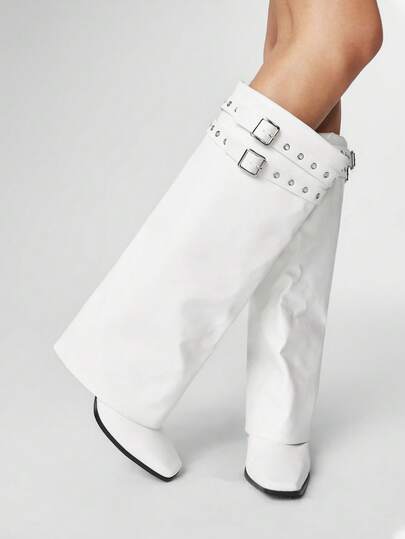 Women's Double Buckle Design Fashion Square Toe Stiletto Heel Knee-High Boots