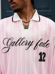 GALLERY FADE 男士休闲条纹字母印花长袖Polo衫，秋季款 - 粉色 - 查看 4
