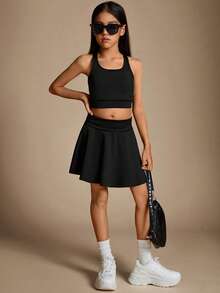 Radiana Tween Girl's Casual Tennis Knitted Solid Color Tank & Skort Set, Spring/Summer - Black - View 6
