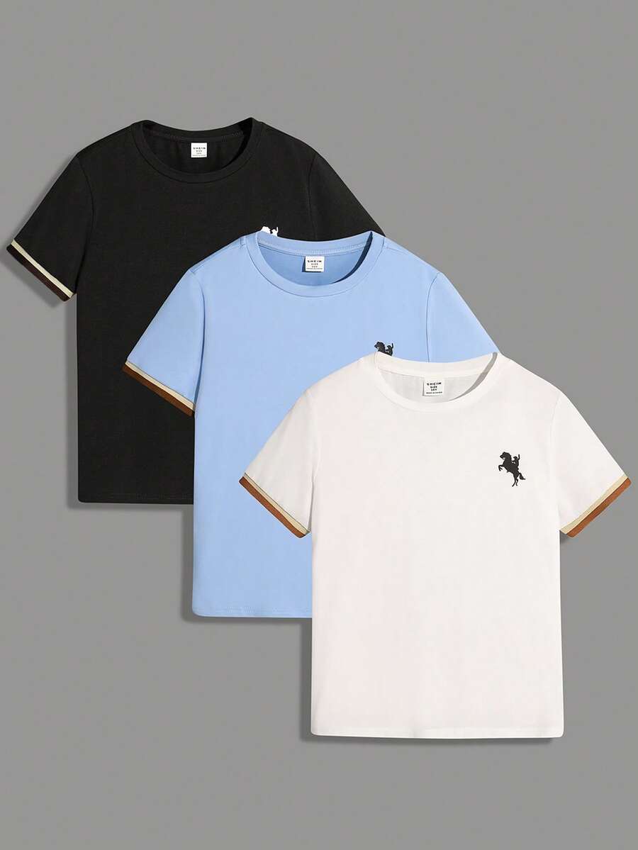 SHEIN Bộ 3 áo thun tay ngắn cổ tròn in họa tiết đơn giản, rộng rãi cho bé trai - Màu xanh lam - Xem 1