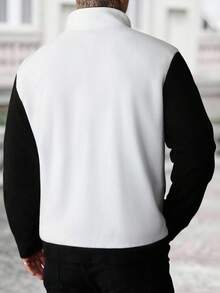 Manfinity Homme 男士休闲日常运动通勤百搭黑白拼布拉链夹克，秋季黑白夹克男士拉链夹克羊毛夹克拼色夹克男士街头服饰 - 黑與白 - 查看 2