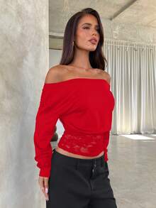 Aloruh Women's Casual Asymmetric Collar Long Sleeve Solid Color T-Shirts Red Long Sleeve Top - Red - View 3