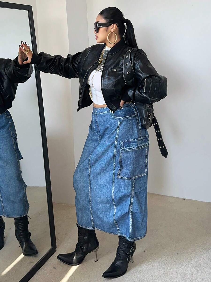 POPSWAY Plus Size Elastic Waist Large Pocket Faux Denim Print Casual Loose Street Style Skirt, Suitable For Dates, Gatherings, Outdoor Activities