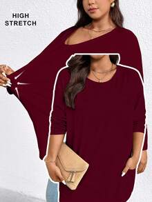 EMERY ROSE Camiseta casual de talla grande de unicolor con doble bolsillo, versátil para el otoño - Burdeos - Ver 2