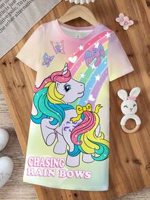 My Little Pony X SHEIN Váy cổ tròn tay ngắn họa tiết kỳ lân hoạt hình và chữ cái đơn giản cho bé gái, mùa hè - trắng - Xem 1