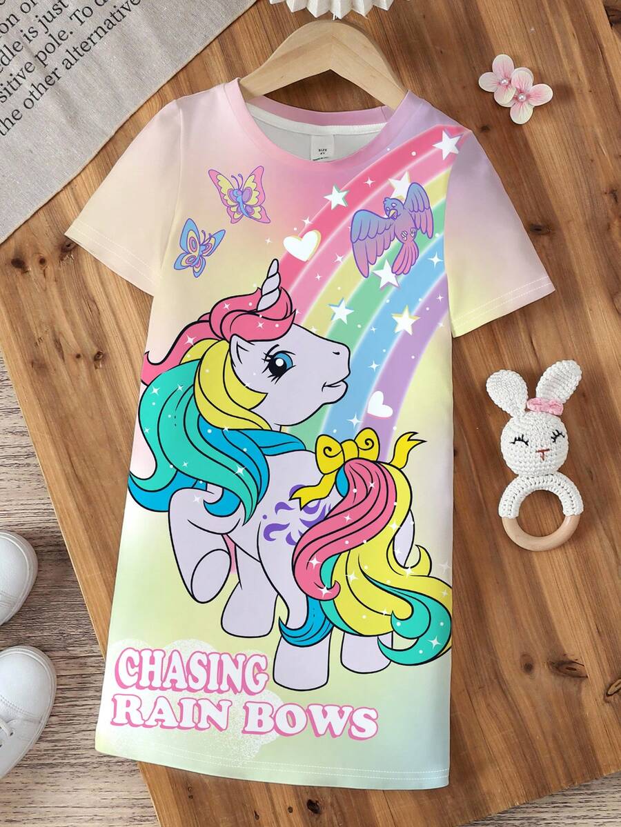 My Little Pony X SHEIN Váy cổ tròn tay ngắn họa tiết kỳ lân hoạt hình và chữ cái đơn giản cho bé gái, mùa hè - trắng - Xem 1