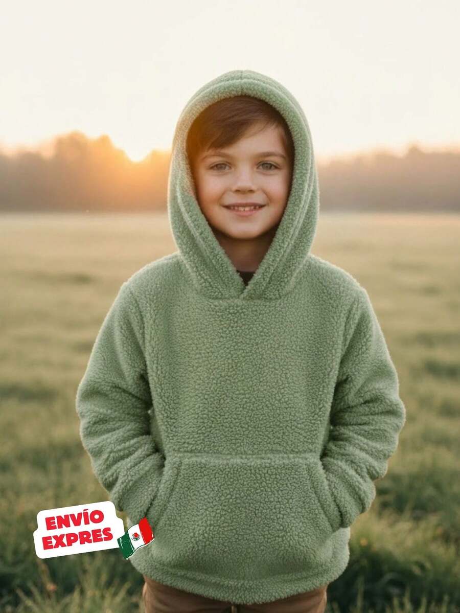 Sudadera de Doble Macuco, suave para niños pequeños con gorro y bolsa al frente. Estilo casual Ideal para invierno, otoño y días frescos. Chamarra Polar para niños de 3 a 7 años con capucha, bolsa de canguro y manga larga en colores vibrantes, cálida, cómoda y moderna. - Verde - Ver 1