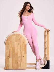 Gameset SHEIN Sport 女式休闲运动撞色修身连体裤 - 粉色 - 查看 2