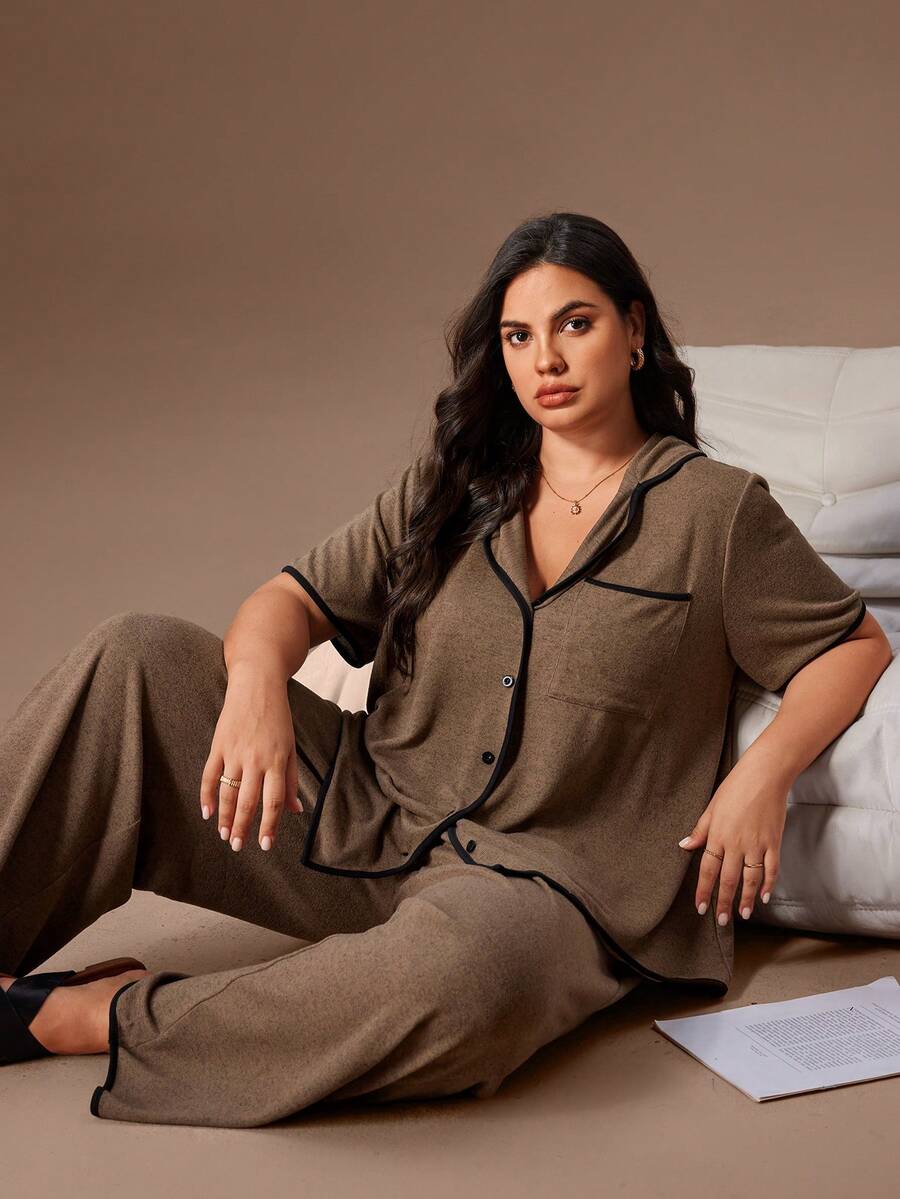 Lazeform 大码女式柔软针织花卉网纱撞色法式休闲开衫，纽扣短袖睡衣套装 - 咖啡棕 - 查看 1