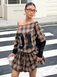 Muchica Brown Dress Loose Fashion Tie Waist Long Sleeve Plaid One Shoulder Mini Dress For Women