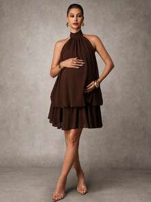 MaterniChic 孕妇纯色荷叶边褶皱吊带连衣裙 - 棕色 - 查看 5
