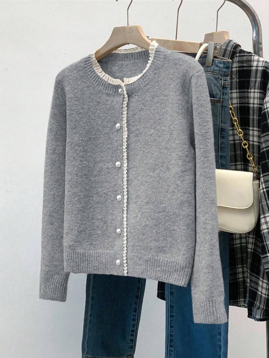 Franclia 时尚汽车蕾丝边圆领长袖毛衣 - 灰色 - 查看 1