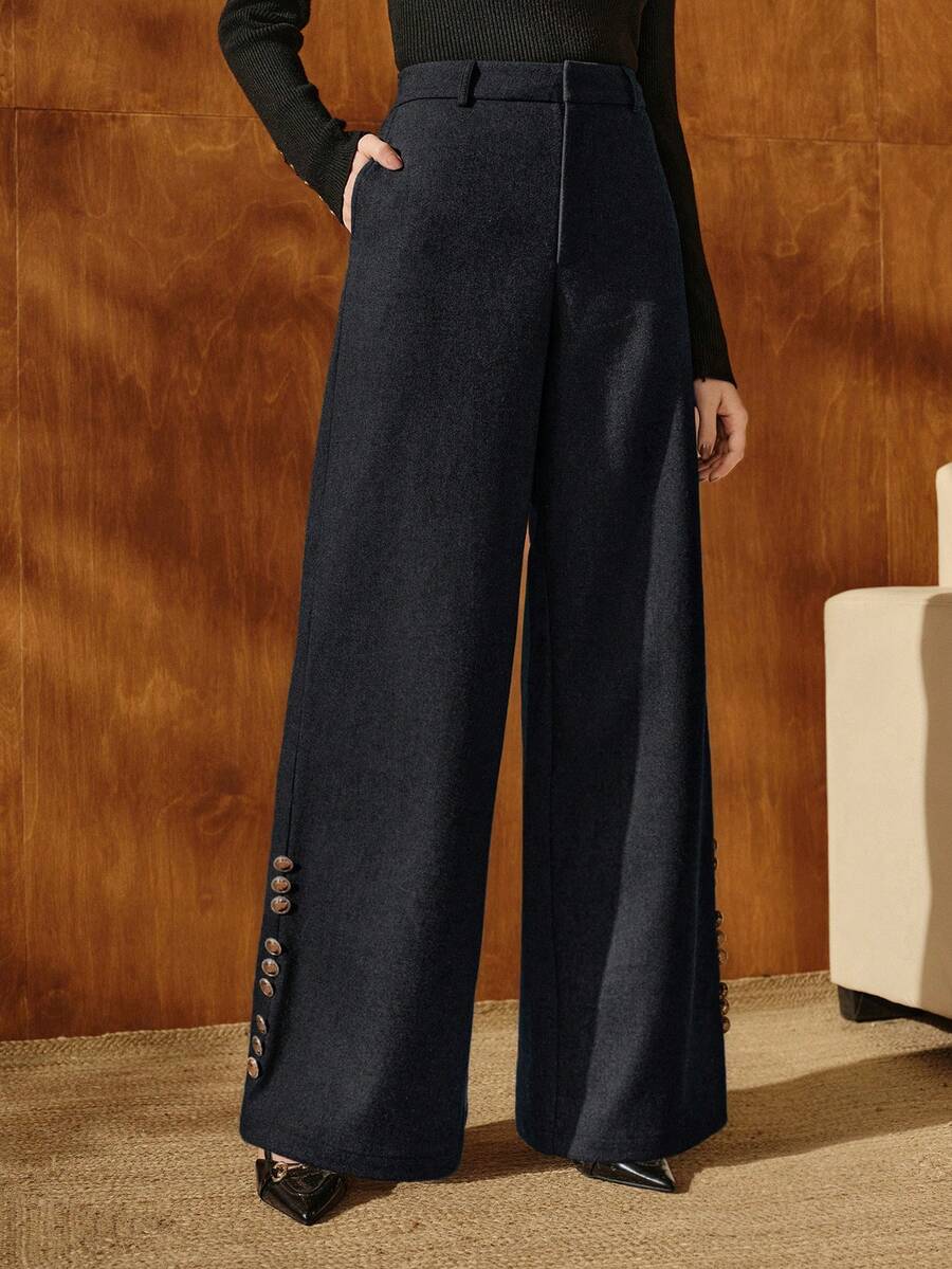 Anewsta 女士优雅加大码休闲金属纽扣装饰深灰色长裤，秋冬款 - 深灰色 - 查看 1