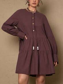 SHEIN LUNE Vestido de mujer de talla grande para otoño e invierno con cuello de solapa medio abierto con lazo y bolsillo sesgado, atuendos de San Valentín para mujer, atuendos de verano para mujer con falda de paraguas de múltiples capas y línea A, 100% algodón, estilo casual y relajado, estilo de dinero viejo, atuendos cortos de vacaciones para mujer - Café integral - Ver 8