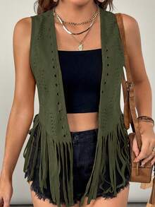 SHEIN VCAY 大码女式波西米亚西部风纯色拼接流苏下摆开襟背心外套，适合夏季和秋冬季穿着 - 軍綠色 - 查看 4