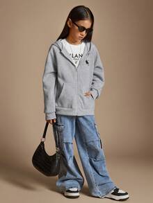 Radiana Tween Girl Zip Up Grey Solid Color Hoodie Sweatshirt,In Fall/Winter - Grey - View 5