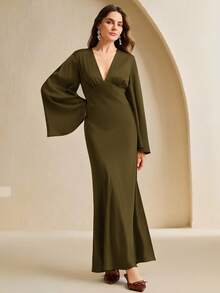 Anewsta Nuevo vestido de manga larga ajustado con cuello en V y cintura fruncida, elegante para festival/boda/fiesta, adecuado para primavera, verano, Día de San Valentín, Carnaval - Verde Oliva - Ver 6