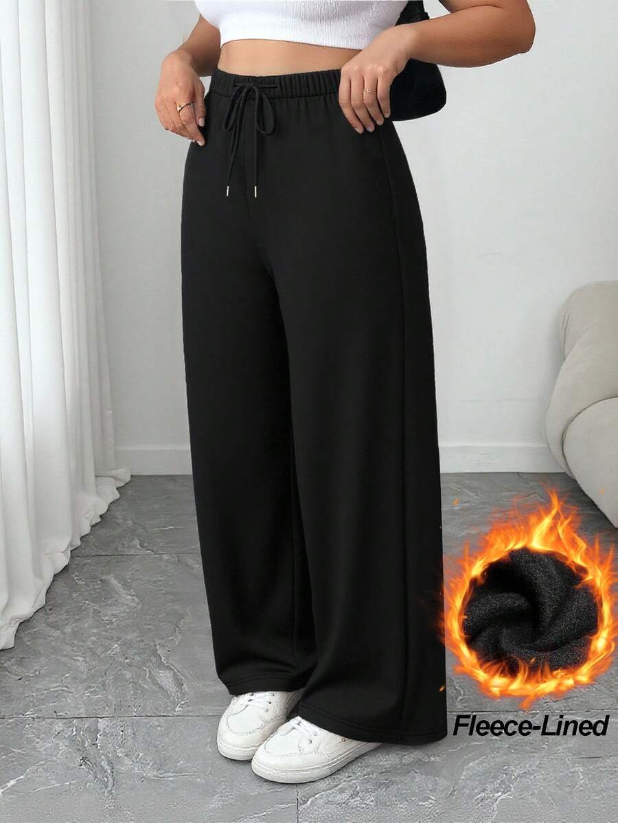 Elenzga 加大码纯色抽绳腰带口袋阔腿裤，秋冬季时尚之选 - 黑色 - 查看 1