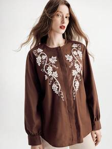 Aveloria Modichic Autumn/Winter New Women's Coffee Floral Textured Embroidered Round Neck Oversized Casual Long Sleeve Shirt - Brown - View 4