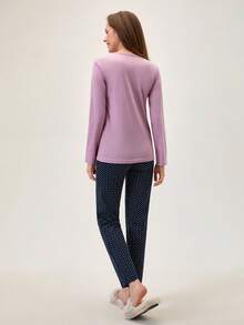 Loomlin 2pcs Cotton Contrast Colour Moon Printed Shirt And Star Printed Sleep Bottom PJ Set - Purple - View 2