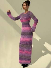 Aloruh Vestido Justo de Tricô Vintage Listrado Versátil Feminino para Outono/Inverno, Vestido Longo de Tricô Ajustado de Manga Longa com Costas Abertas Sexy - Rosa chiclete - Visão 6