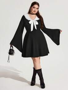 Enliva Plus Size Women's Adjustable Strap Halloween Printed Dress, Halloween Costume OutfitGoth/Gothic Women Clothes/Halloween Plus Size /Halloween Costume, - Black and White - View 3