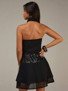 Athîral 女士休闲蕾丝拼接无袖迷你连衣裙 - 黑色 - 查看 2