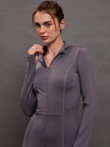 Activina 女式纯色简约长袖连体裤，休闲日常穿着 - 淺灰色 - 查看 12