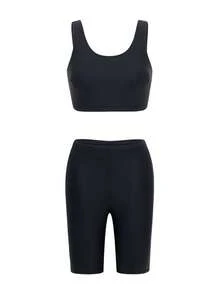 Swim Mulvari 3pcs Women's Black Sleeveless Dress Set With Belt, Round Neck Midi Dress, And Fitted Shorts, Conservative Beach Burkini Set, Spring/Summer - Black - View 8