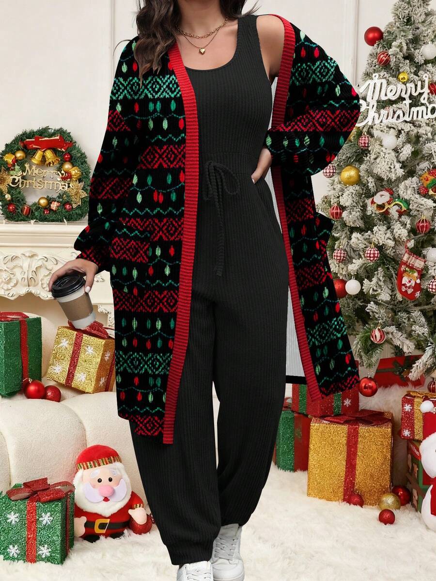 Vionelle Bộ áo khoác dài tay hai mảnh kiểu Pháp thanh lịch, thường ngày cỡ lớn dành cho nữ, màu tương phản, phù hợp cho mùa thu/đông và Giáng sinh - màu đen - Xem 1