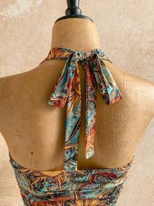 Soleia Women's Blue Summer Boho Vacation Mini Dress,Retro Paisley Print,Halter Neck,Beaded Ribbon,Asymmetric Ruffle Hem, Date Holiday Outfit - Green - View 7