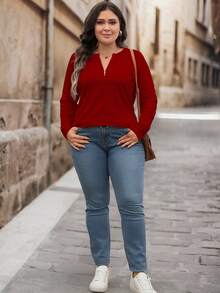 EMERY ROSE 音乐节、大码女装、圣诞节和万圣节女装、拉链领T恤、复古酒红色纯色女式T恤、适合圣诞节和新年穿着的大码秋季服装 - 紅色 - 查看 5