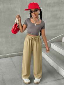 SHEIN Tween Girl Summer Simple Front Tie Loose Sweatpants, Casual Daily Wear - Khaki - View 5