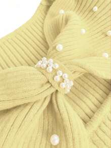 SHEIN Elenzya Plus Size Women's Twist Design Long Sleeve Elegant Pearl Embellished Sweater, Eye-Catching For Dates - Pale Yellow - View 5