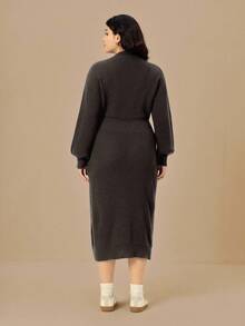 Juhart Plus Size Women Sweater Dress, Solid Color Knitted Seahorse Pattern, Casual For Autumn/Winter, Suitable For Christmas, Halloween, Back To School Season - Coffee Brown - View 2