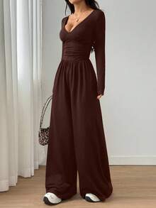 Flirla Women's Fashionable Sexy Solid Color Deep V-Neck Wide Leg Jumpsuit - Coffee Brown - View 3