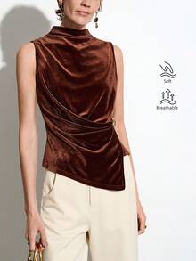 Aalyst Áo hai dây vải nhung giả cổ không tay viền bất đối xứng xếp nếp thanh lịch, trang trí kim loại, phù hợp cho các buổi đi chơi và hẹn hò vào mùa thu/đông - màu nâu - Xem 2