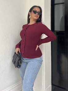NegzBox Ribbed Button Through Long Sleeve Crew Neck Top Casual Vacation Airport Holiday Fall Winter Christmas - Burgundy - View 6