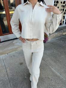 Carolina Barros 女式休闲短款领上衣和宽松牛仔裤套装 - 卡其色 - 查看 6