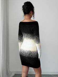 Rafferiza 优雅性感修身渐变色提花露肩长袖连衣裙，大地色系，露肩长袖蓬松修身棕色百搭简约婚礼宾客装扮，秋冬女士毛衣连衣裙 - 黑與白 - 查看 2