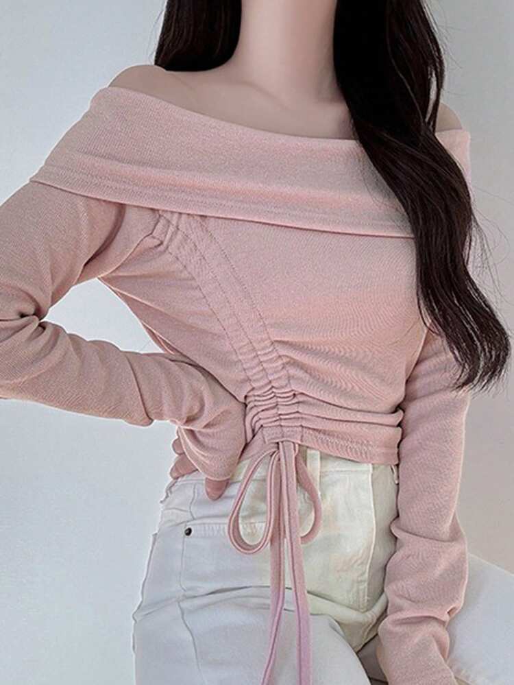 1pc Women's Off-Shoulder Long Sleeve Slim Fit Unique Design T-Shirt