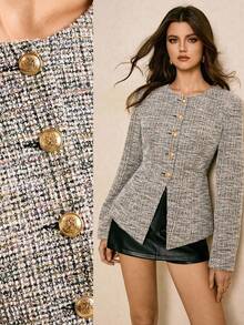 Poéselle 女式圆领前扣开衩修身长袖夹克 - 黑色 - 查看 1