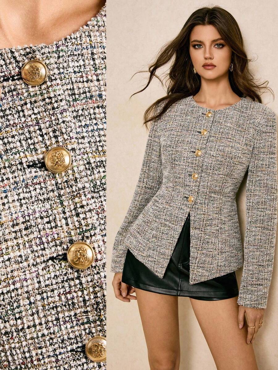 Poéselle 女式圆领前扣开衩修身长袖夹克 - 黑色 - 查看 1