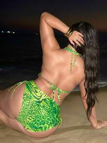 Swim SXY Đồ bơi một mảnh họa tiết da báo cỡ lớn dành cho nữ có phần trên hình tam giác và dây rút ở eo, thích hợp cho bãi biển và kỳ nghỉ - màu xanh lá - Xem 2