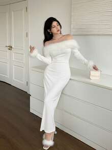 Feyla 女士纯色露肩蓬松拼接优雅长袖连衣裙长款晚礼服 - 白色 - 查看 4