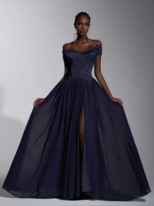 Elitara Elegant Luxury Textured Off-Shoulder Lash Lace Trim Ruched Maxi A-Line Dress, Evening Gown, Lightweight Mesh Dress - Navy Blue - View 4