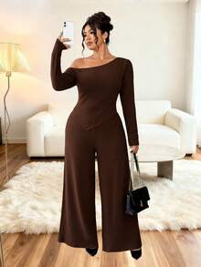 Elenzga Plus Size Casual Asymmetric Top And Pants 2 Pieces Set, Autumn