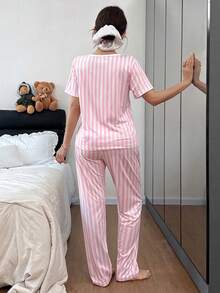 SHEIN 粉色条纹蝴蝶结印花短袖睡衣套装（女款） - 彩色 - 查看 2