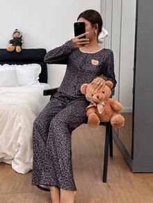 Dream Adore Leoparden-Muster süßer Bär Dekor Rundhals Langarm Pyjama Set - Verschiedenfarbig - Übersicht 4
